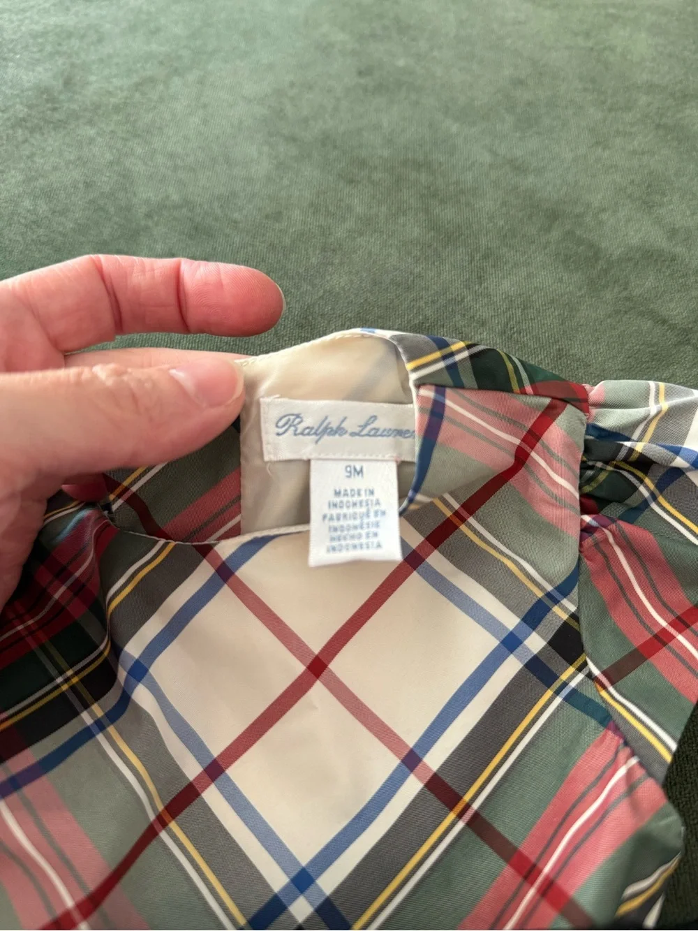 Ralph Lauren Cream Plaid Holiday Dress with Black Sash and bloomers 9M